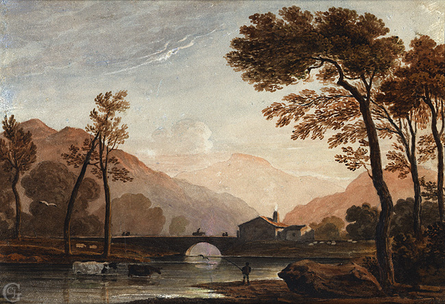 Varley, Fisherman by a River with a Stone Bridge Varley, Fisherman by a River with a Stone Bridge